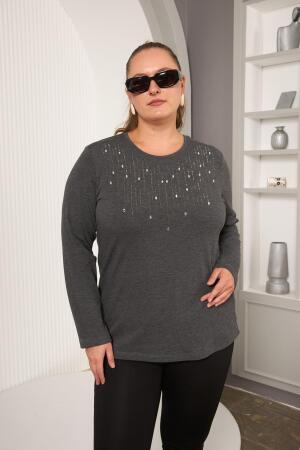 Büyük Beden Önü Taş Detay Bluz Antrasit - 4