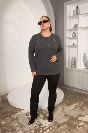 Büyük Beden Önü Taş Detay Bluz Antrasit - 6