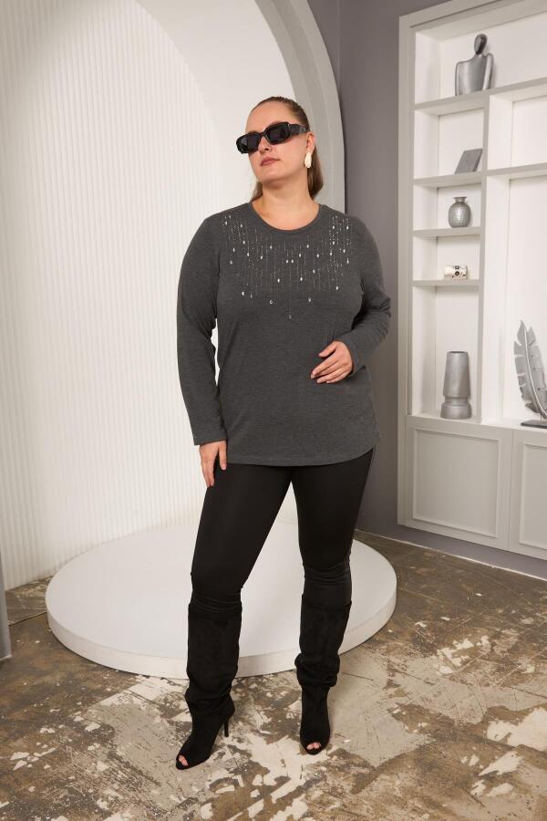 Büyük Beden Önü Taş Detay Bluz Antrasit - 6