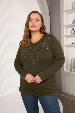 Büyük Beden Önü Taş Detay Bluz Haki - RMG