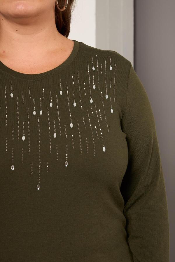 Büyük Beden Önü Taş Detay Bluz Haki - 2