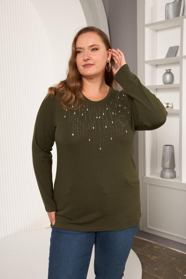 Büyük Beden Önü Taş Detay Bluz Haki - 3