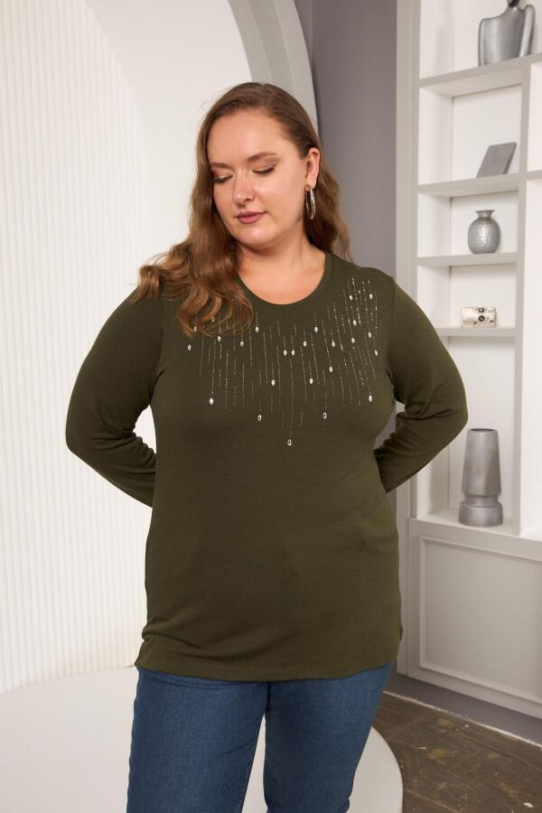 Büyük Beden Önü Taş Detay Bluz Haki - 4