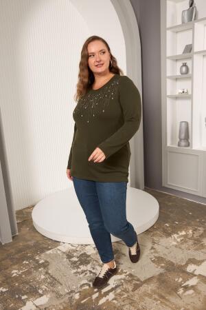 Büyük Beden Önü Taş Detay Bluz Haki - 6
