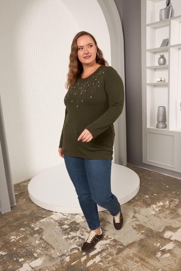 Büyük Beden Önü Taş Detay Bluz Haki - 6