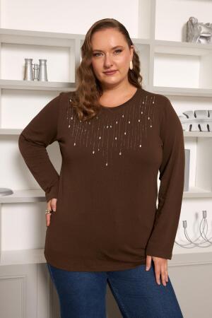 Büyük Beden Önü Taş Detay Bluz Kahve - RMG