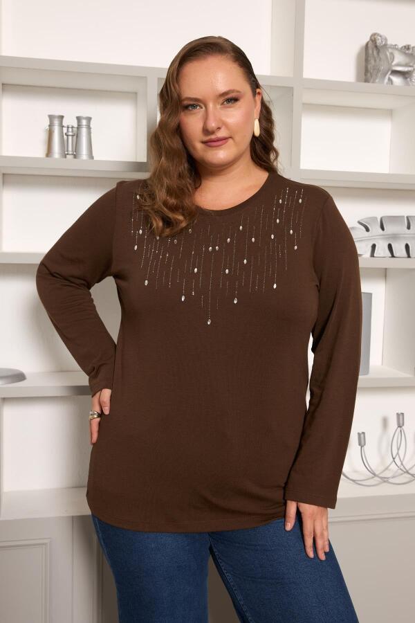 Büyük Beden Önü Taş Detay Bluz Kahve - 1