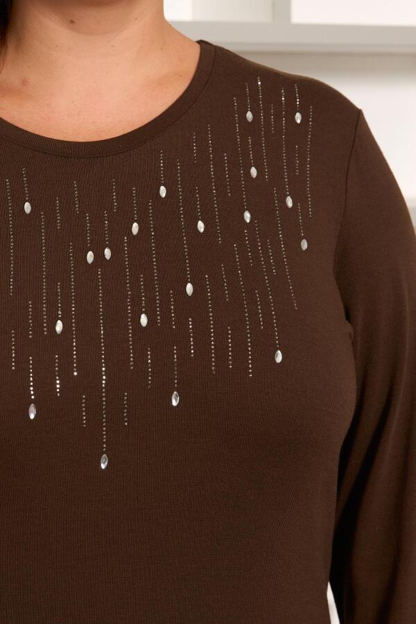 Büyük Beden Önü Taş Detay Bluz Kahve - 2