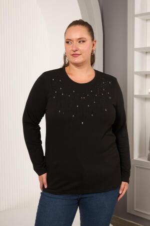 Büyük Beden Önü Taş Detay Bluz Siyah - RMG