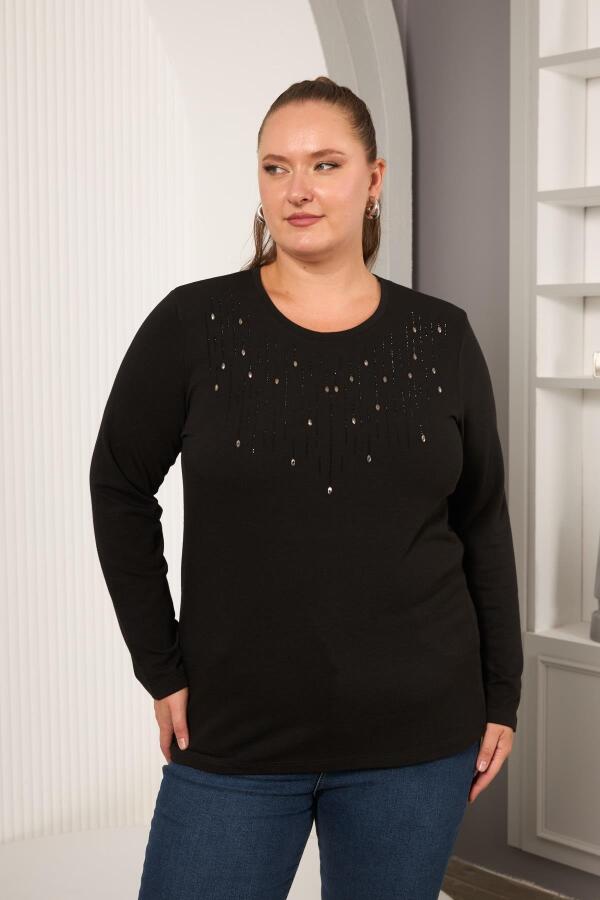 Büyük Beden Önü Taş Detay Bluz Siyah - 1