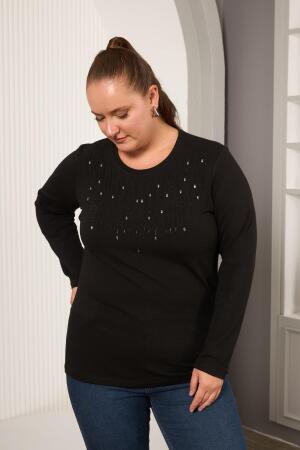 Büyük Beden Önü Taş Detay Bluz Siyah - 3