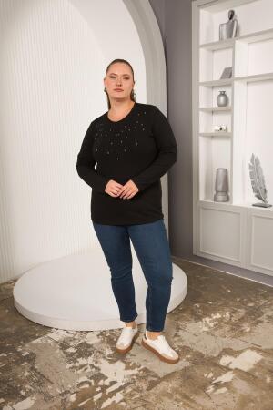 Büyük Beden Önü Taş Detay Bluz Siyah - 6