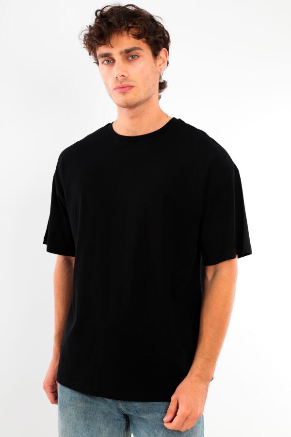 Trend42plus Büyük Beden Oversize Fit %100 Pamuk Siyah T-shirt - 1