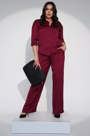 Trend42plus Büyük Beden Oversize Saten Bordo Gömlek - 1