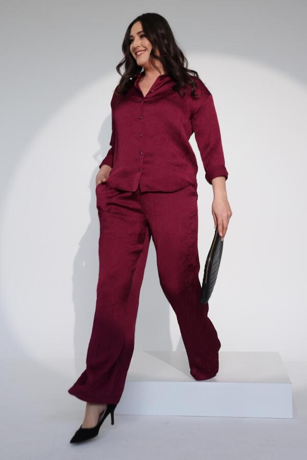 Trend42plus Büyük Beden Oversize Saten Bordo Gömlek - 3