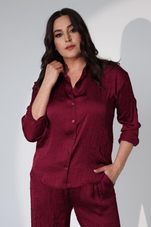 Trend42plus Büyük Beden Oversize Saten Bordo Gömlek - 4
