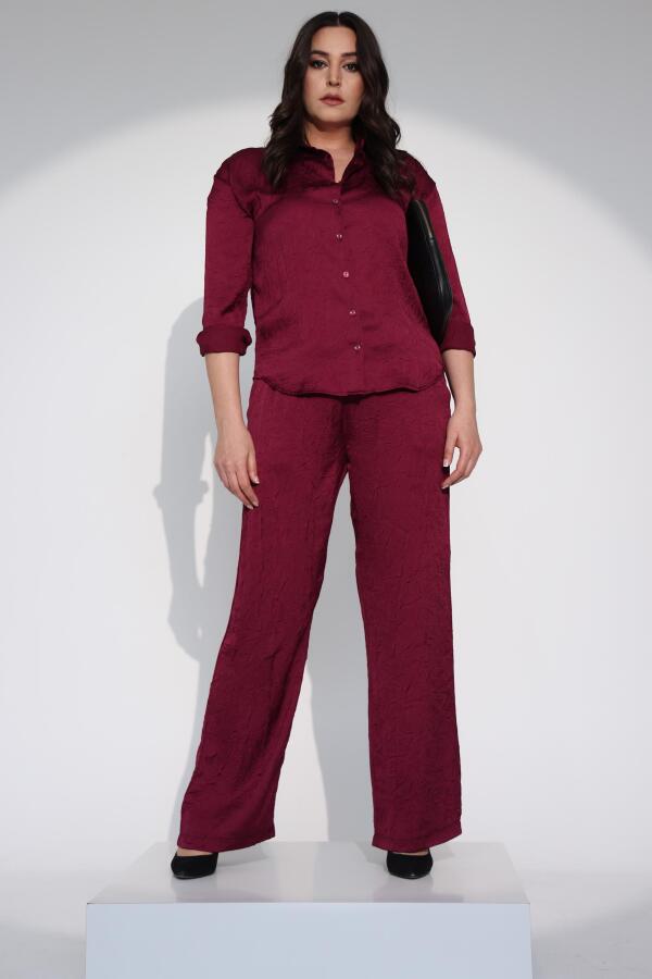 Trend42plus Büyük Beden Oversize Saten Bordo Gömlek - 5