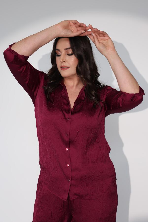 Trend42plus Büyük Beden Oversize Saten Bordo Gömlek - 6