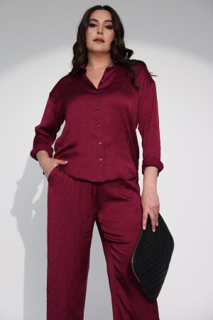Trend42plus Büyük Beden Oversize Saten Bordo Gömlek - 7
