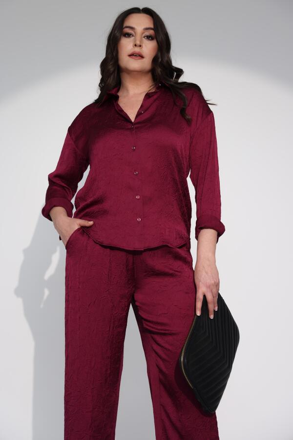 Trend42plus Büyük Beden Oversize Saten Bordo Gömlek - 7