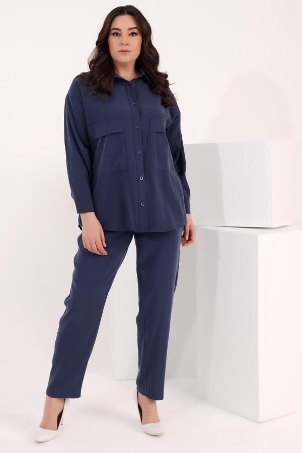 Trend42plus Büyük Beden Oversize Süs Cep Detaylı İndigo Gömlek Pantolon Takım - 1