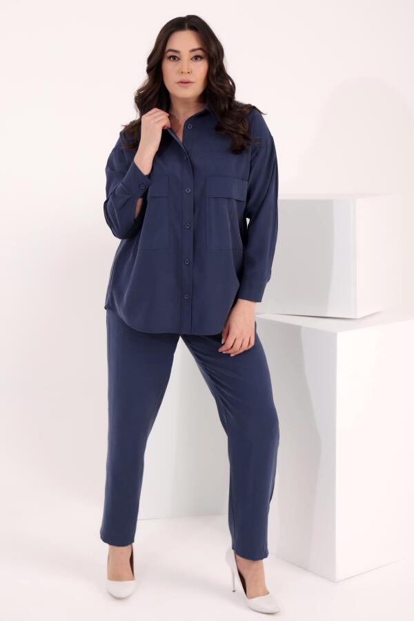 Trend42plus Büyük Beden Oversize Süs Cep Detaylı İndigo Gömlek Pantolon Takım - 3