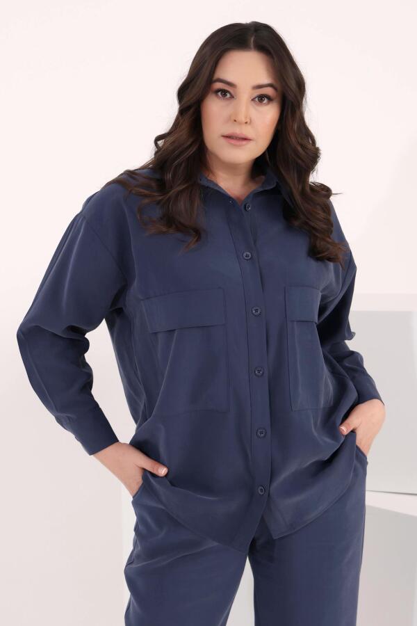 Trend42plus Büyük Beden Oversize Süs Cep Detaylı İndigo Gömlek Pantolon Takım - 7