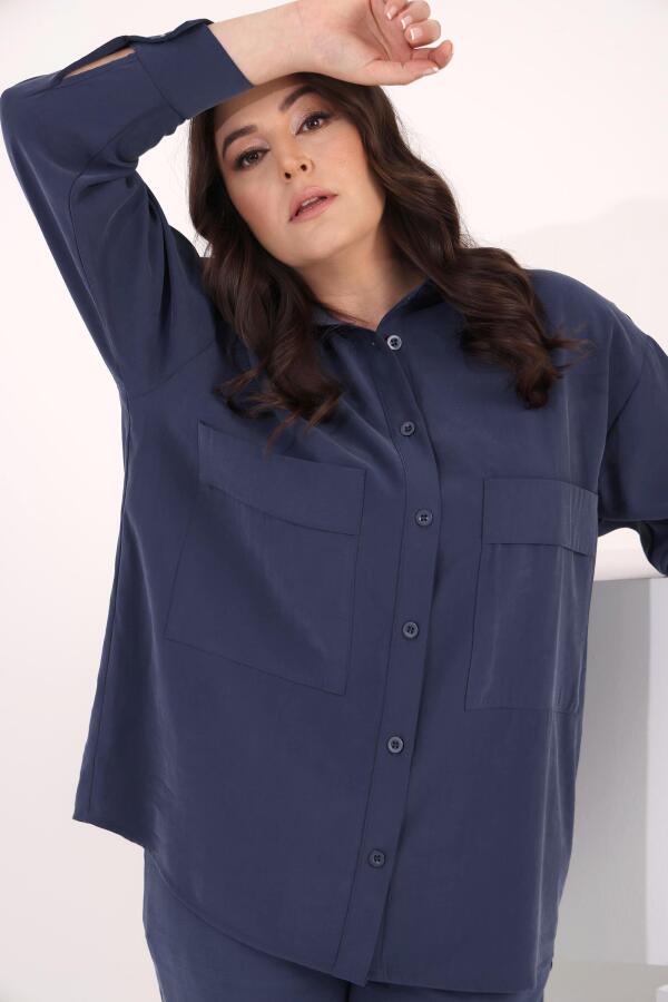 Trend42plus Büyük Beden Oversize Süs Cep Detaylı İndigo Gömlek Pantolon Takım - 8