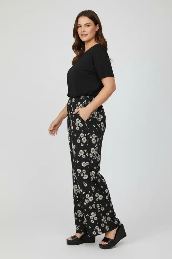 Büyük Beden Papatya Desenli Geniş Paça Pantolon - 3