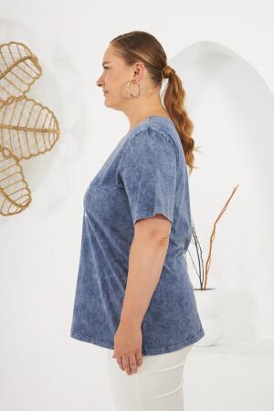 Büyük Beden Parça Boya Tişört İndigo - 5