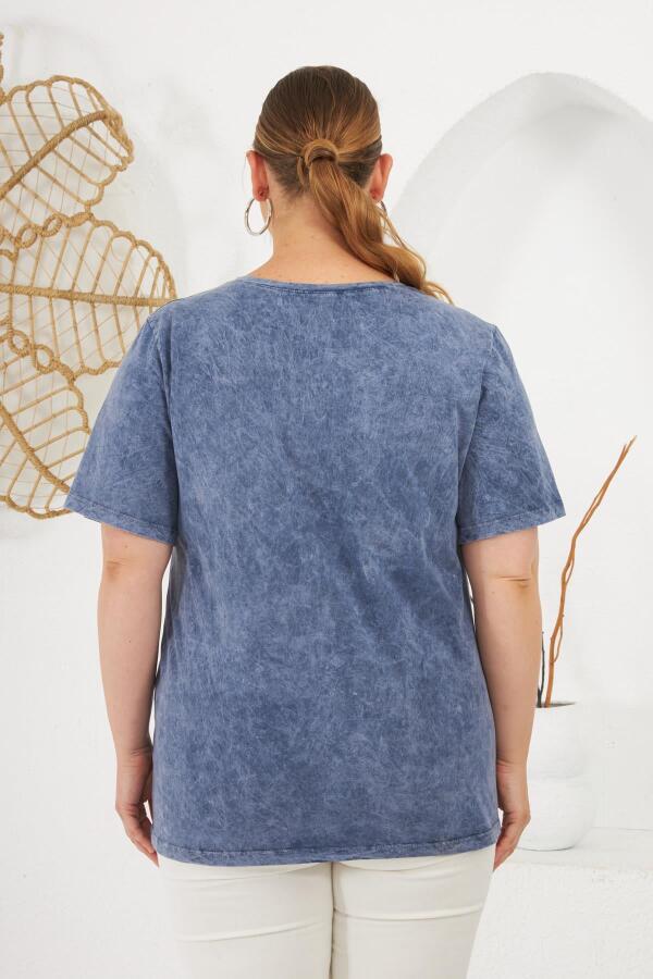 Büyük Beden Parça Boya Tişört İndigo - 7
