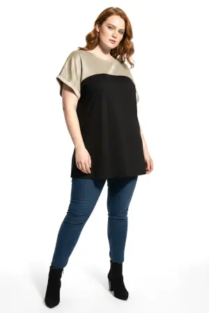 Büyük Beden Parlak Dokulu Gold Simli Renk Bloklu T-shirt - 1