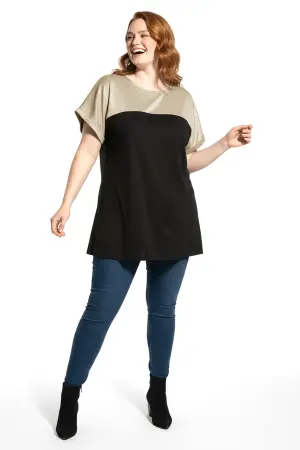 Büyük Beden Parlak Dokulu Gold Simli Renk Bloklu T-shirt - 3