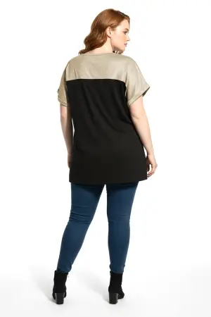 Büyük Beden Parlak Dokulu Gold Simli Renk Bloklu T-shirt - 4