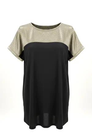 Büyük Beden Parlak Dokulu Gold Simli Renk Bloklu T-shirt - 5