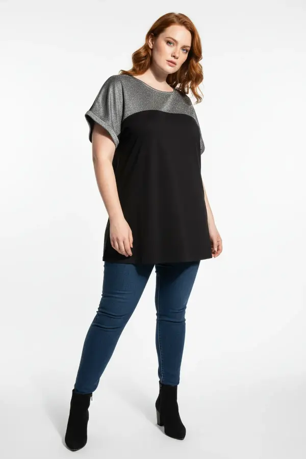 Büyük Beden Parlak Dokulu Silver Simli Renk Bloklu T-shirt - 1