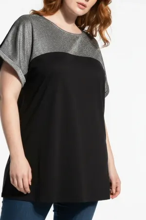 Büyük Beden Parlak Dokulu Silver Simli Renk Bloklu T-shirt - 3