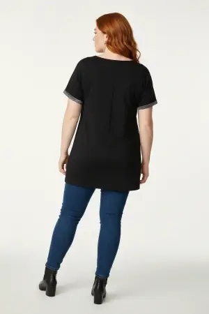 Büyük Beden Parlak Dokulu Silver Simli Renk Bloklu T-shirt - 4
