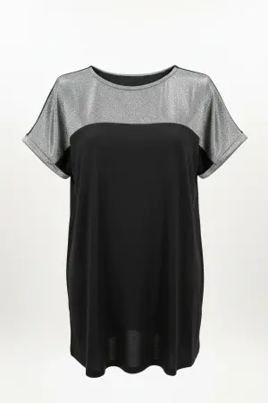 Büyük Beden Parlak Dokulu Silver Simli Renk Bloklu T-shirt - 5
