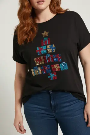 Büyük Beden Payetli Noel Ağacı Temalı Tişört - 6