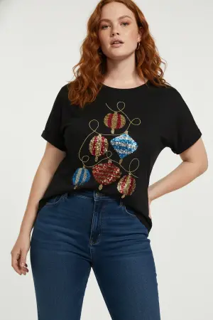Büyük Beden Payetli Noel Topu Desenli Tişört - Shape of You (1)