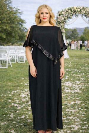 Büyük Beden Payetli Uzun Abiye Elbise KL8022U Siyah - Angelino Butik