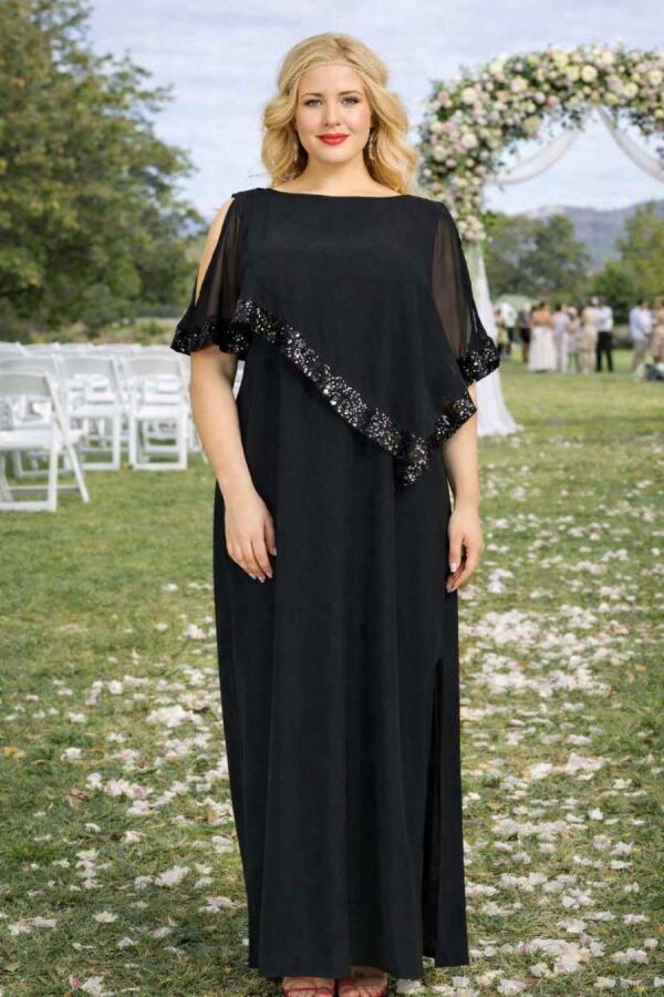 Büyük Beden Payetli Uzun Abiye Elbise KL8022U Siyah - 1