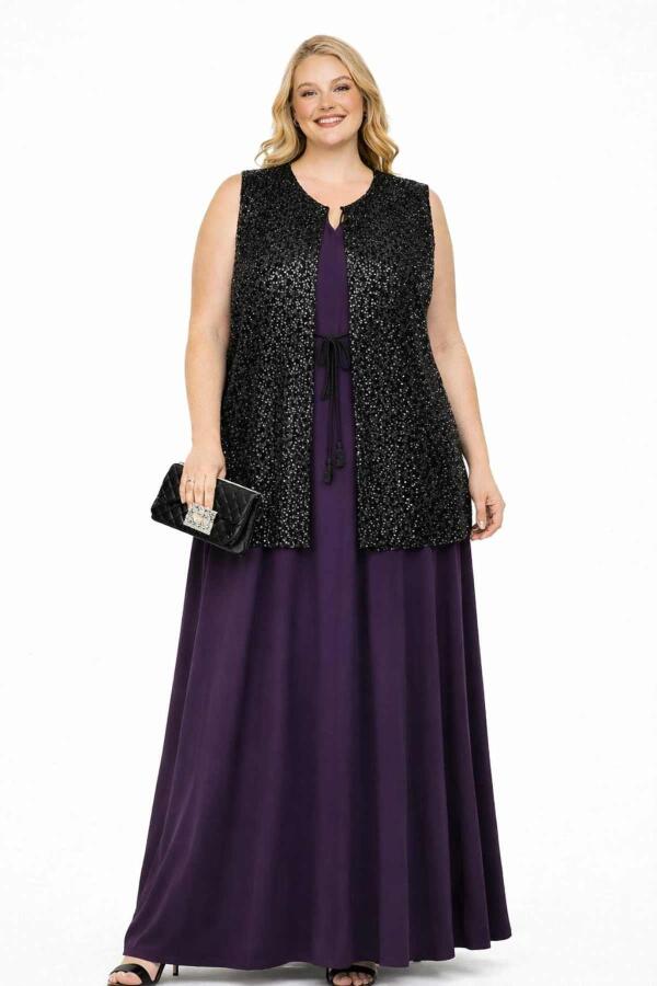 Büyük Beden Payetli Uzun Abiye Yelek – 100 cm İp Bağlama Detaylı Şık Payet Yelek 40-62 beden ND4028 - 1