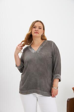 Büyük Beden Pul Payet Detay Bluz Füme - RMG