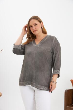 Büyük Beden Pul Payet Detay Bluz Füme - RMG (1)