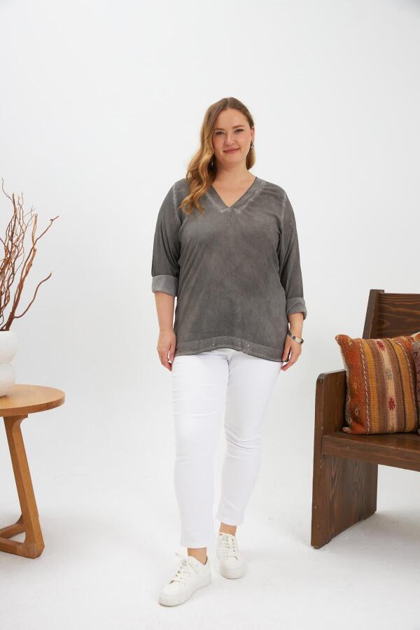 Büyük Beden Pul Payet Detay Bluz Füme - 5
