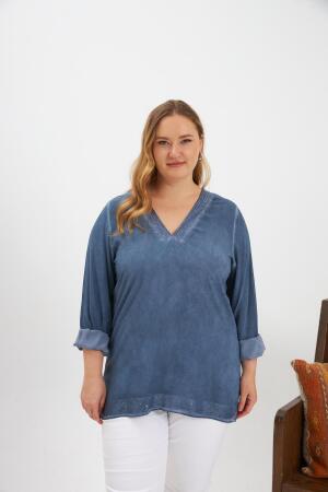 Büyük Beden Pul Payet Detay Bluz İndigo - RMG