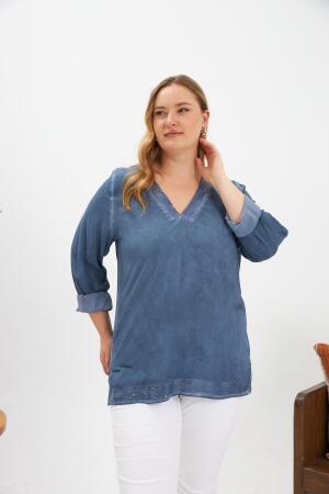 Büyük Beden Pul Payet Detay Bluz İndigo - RMG (1)