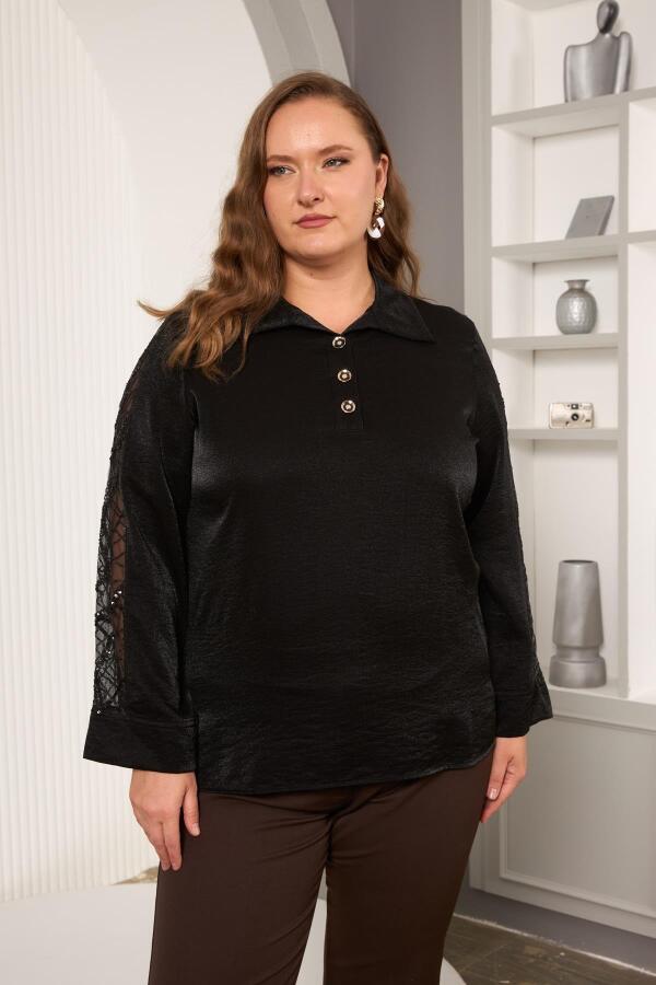 Büyük Beden Pul Payet Detay Saten Bluz Siyah - 1